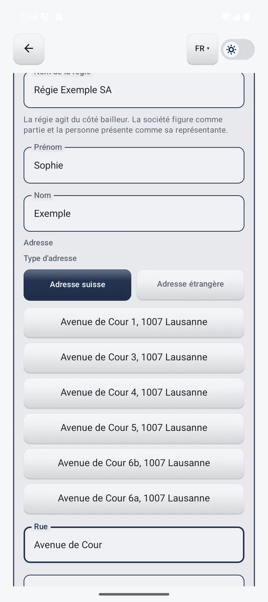 Saisie des coordonnées et recherche d’une adresse suisse