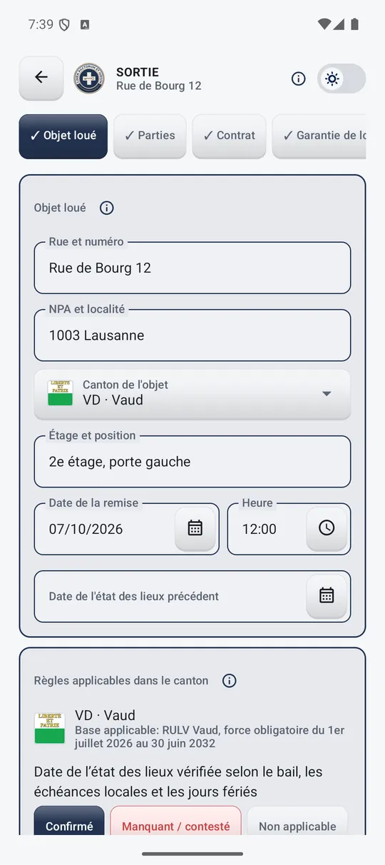Adresse du logement, date de l’état des lieux et informations cantonales
