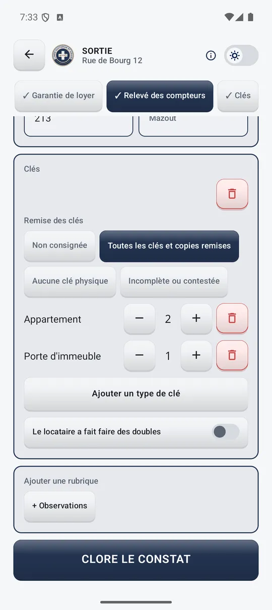 Inventaire des clés et état de leur remise