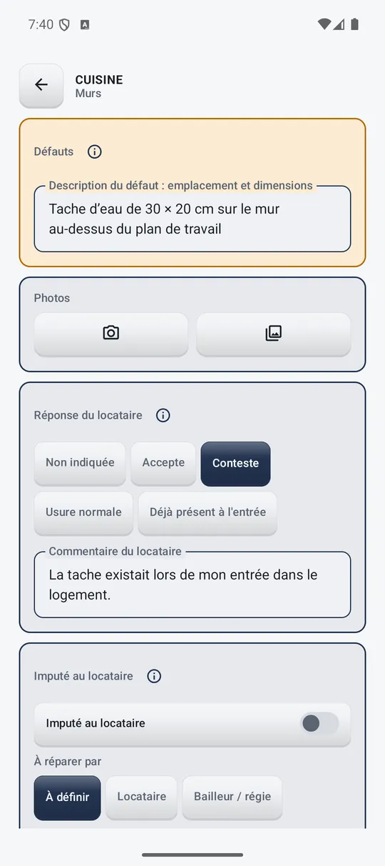 Description d’un défaut, photographies et déclaration du locataire