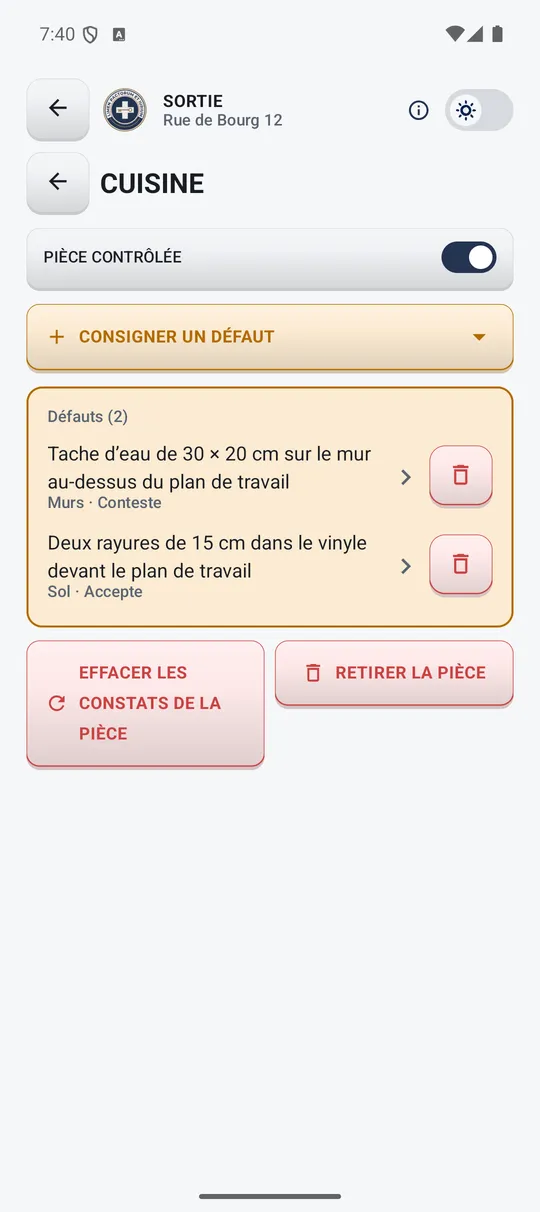 Défauts consignés dans la cuisine