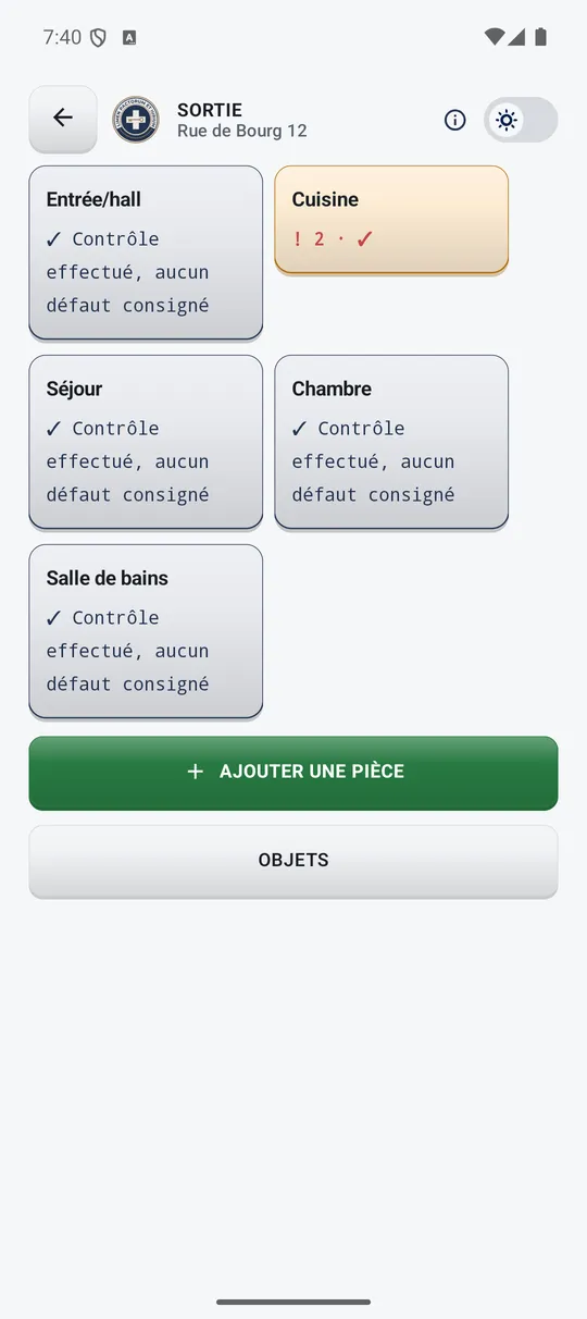 Liste des pièces et état de leur contrôle