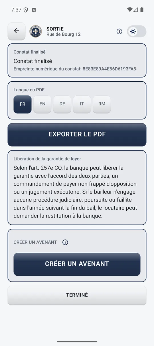 Constat finalisé, langue d’export et création d’un avenant