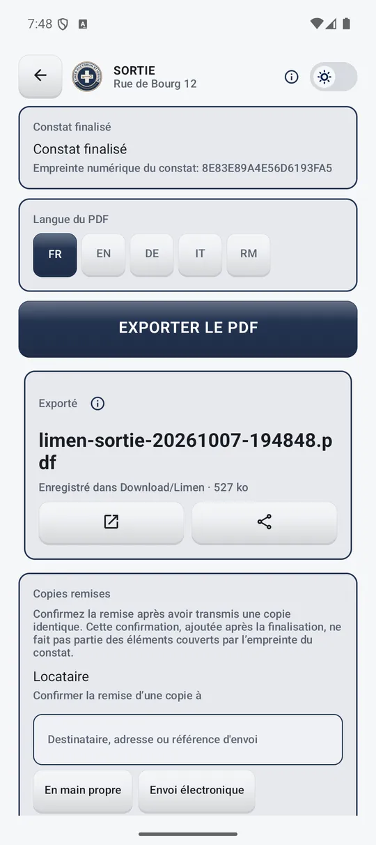 PDF exporté et confirmation de la remise des copies