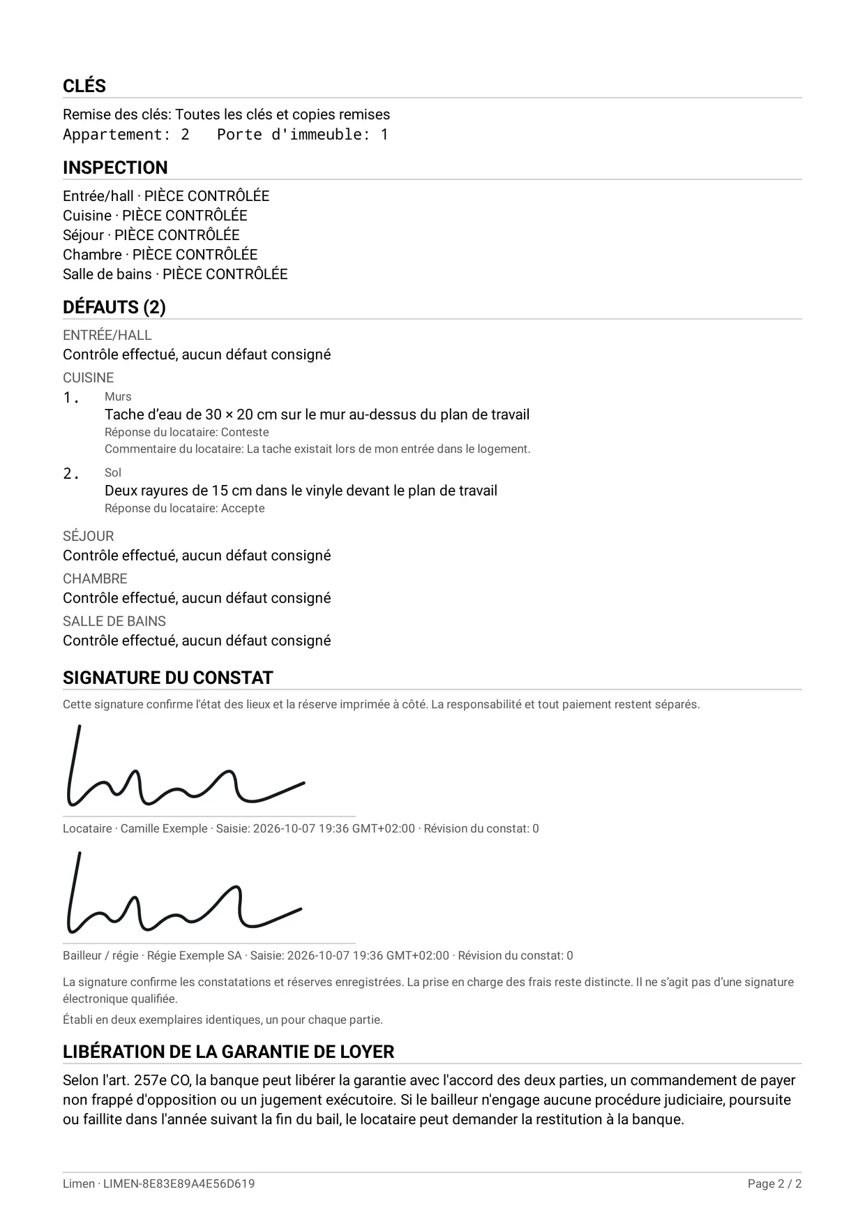 Deuxième page du constat PDF présentant les clés, les pièces contrôlées, les défauts et les signatures